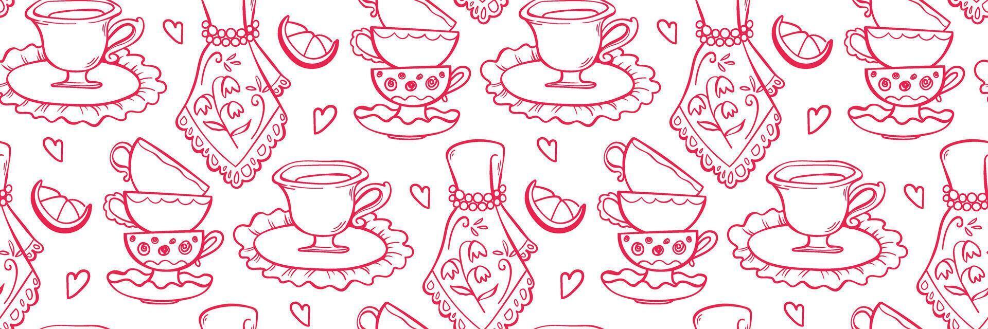 Vintage English tea party seamless Pattern. Porcelain cups set, lace napkins with embroidery and lemon. For packaging, fabric, stationery and branding. Hand drawn illustration in doodle style. vector