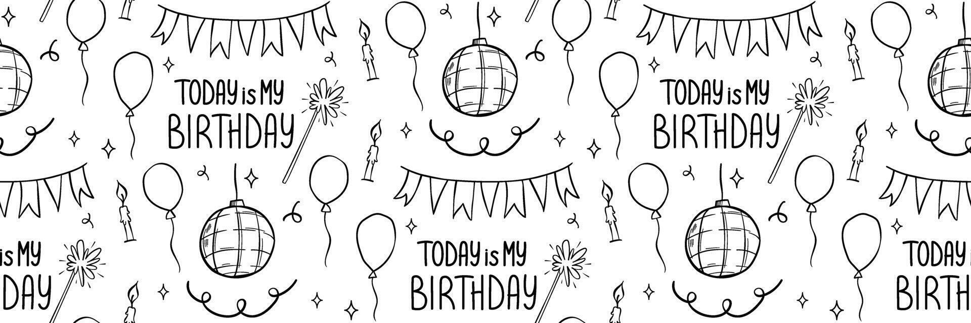 Outline seamless pattern with birthday party element cake, balloon, confetti. Ideal for gift wrap, invitations, party supplies. doodle illustration, playful and celebratory mood. vector