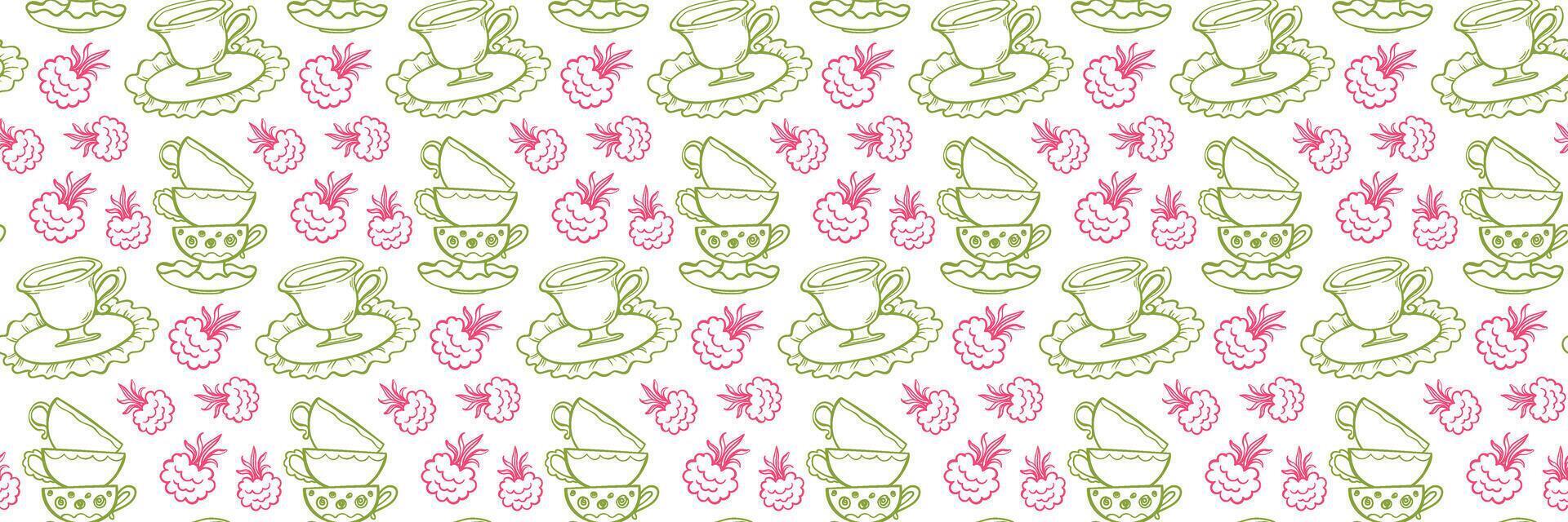 Whimsical seamless pattern with tea cups, raspberries and plates. Vintage Tea Time with raspberry. Ideal for packaging, fabric, stationery, and branding. Hand drawn illustration in doodle style vector