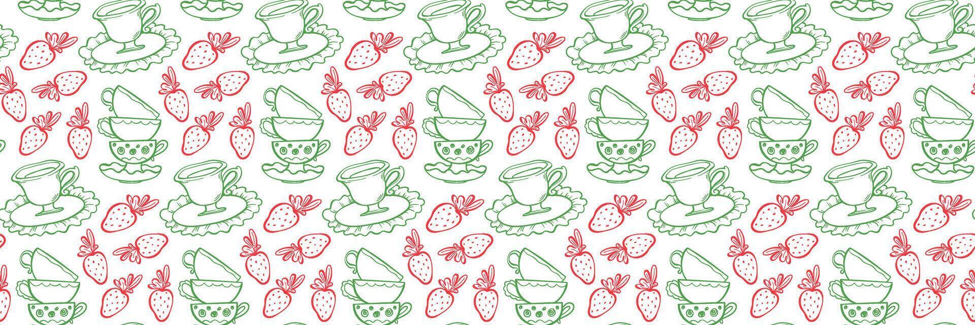 Whimsical seamless pattern with tea cups, strawberries and plates. Vintage Tea Time with strawberry. For packaging, fabric, stationery and branding. Hand drawn illustration in doodle style vector