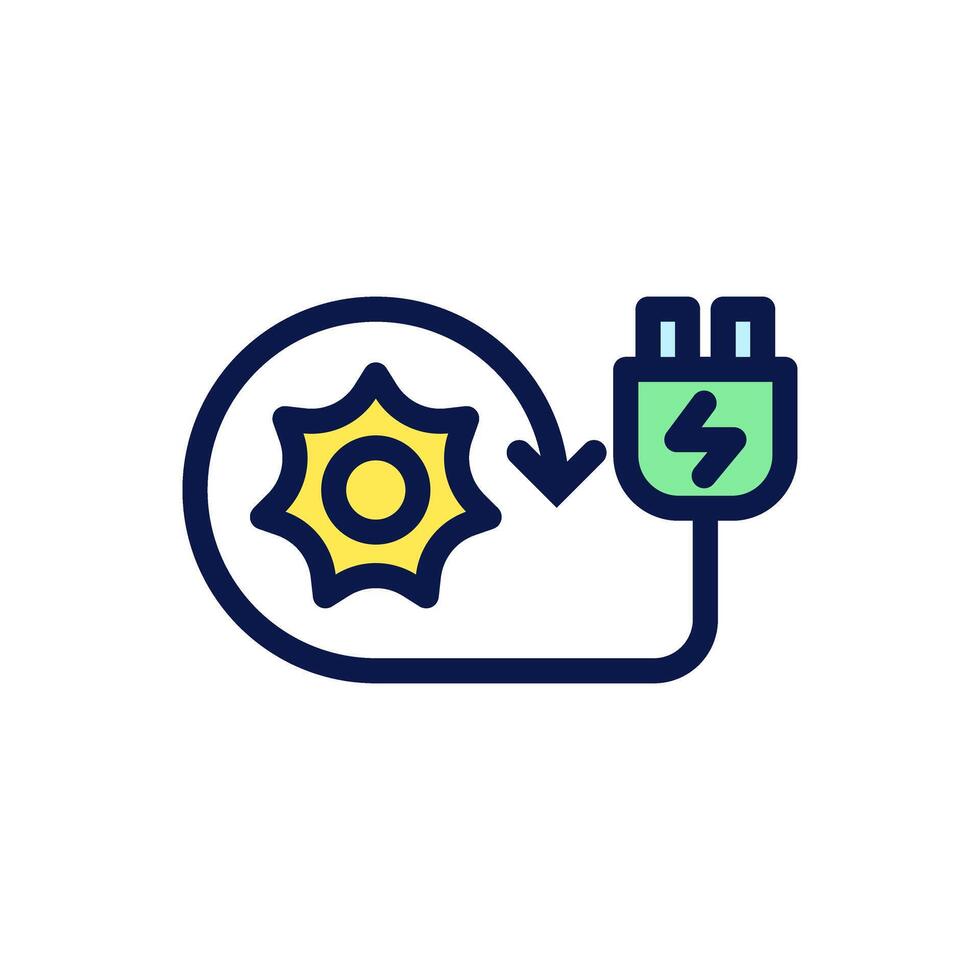 Icon Flat Outline recharge with sun energy. Free energy, ecology, renewable, green energy and solar power plant concept. Colourful and Line color icon. vector