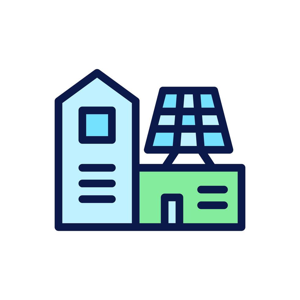 Icon Flat Outline green house powered by solar panel. Free energy, ecology, renewable, green energy and solar power plant concept. Colourful and Line color icon. vector