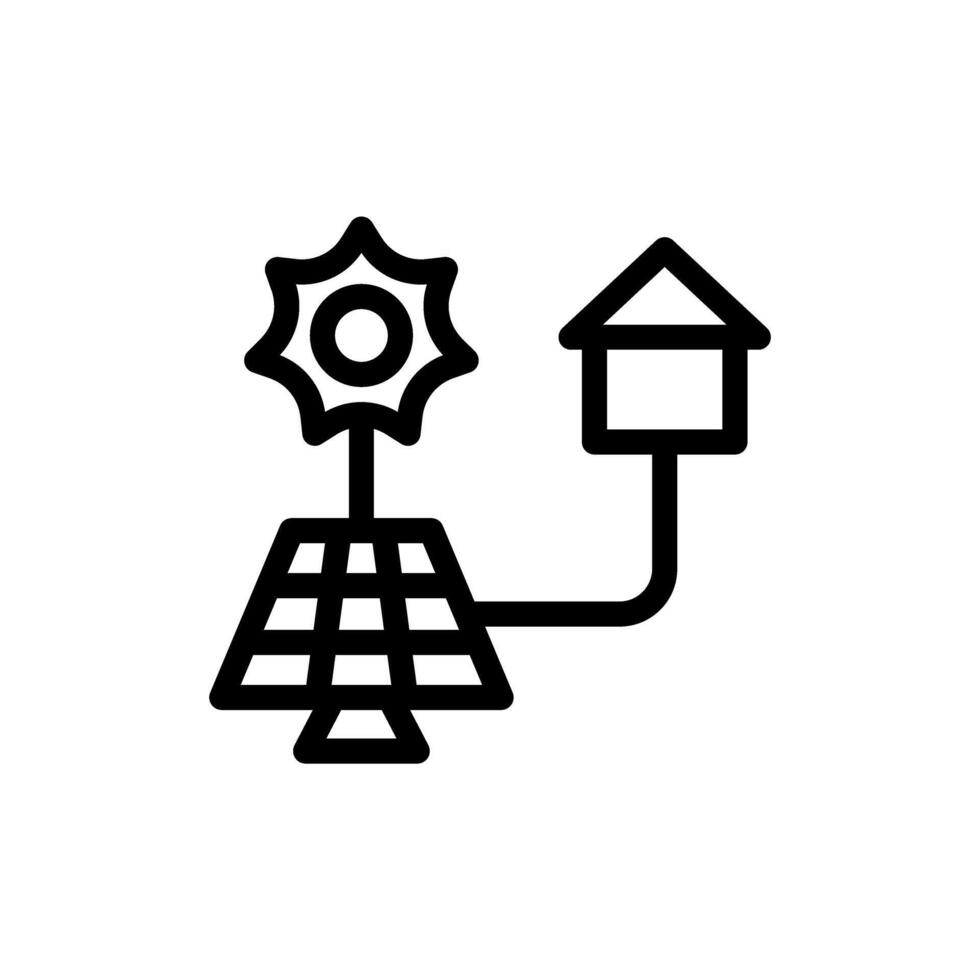 Icon Line house powered by solar sun energy. Free energy, ecology, renewable, green energy and solar power plant concept. Linear and Outline icon. vector