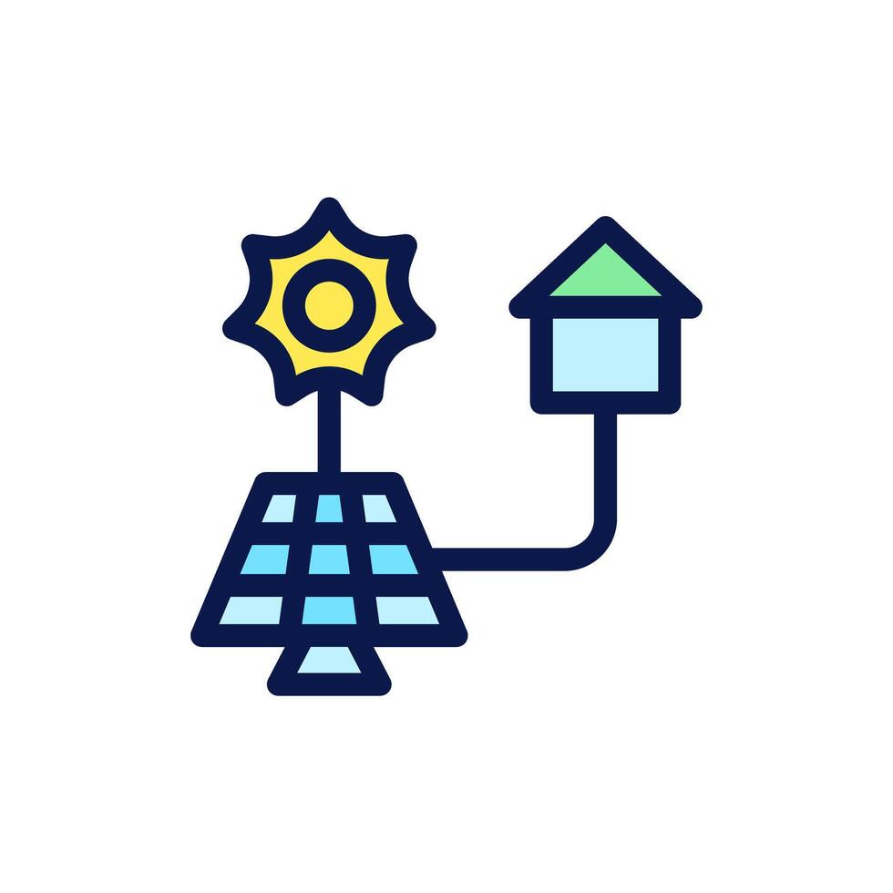 Icon Flat Outline house powered by solar sun energy. Free energy, ecology, renewable, green energy and solar power plant concept. Colourful and Line color icon. vector