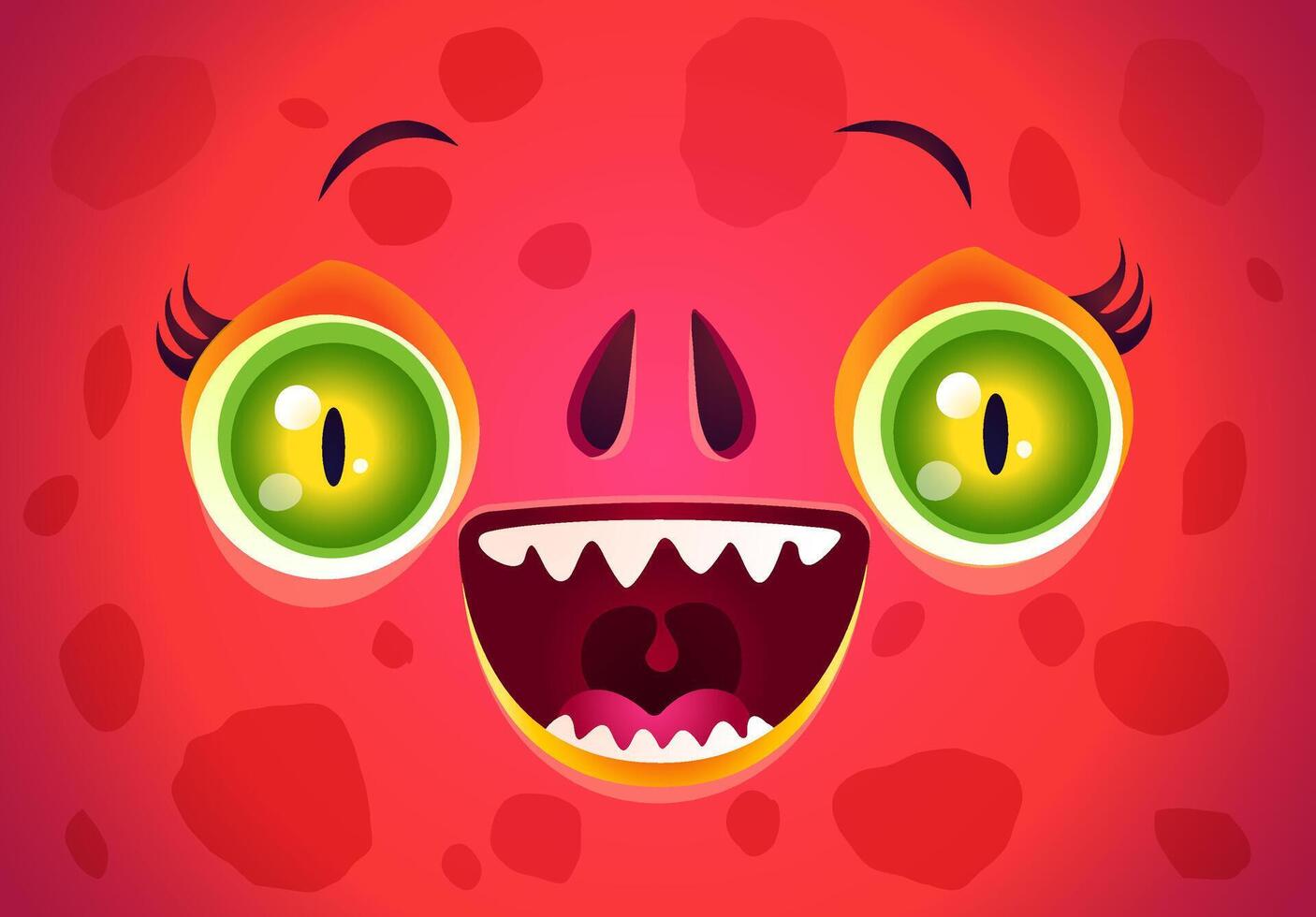 Cute face of a red monster for Halloween mask. Kawaii face of dragon with green eyes for Halloween costume. Funny troll face. vector