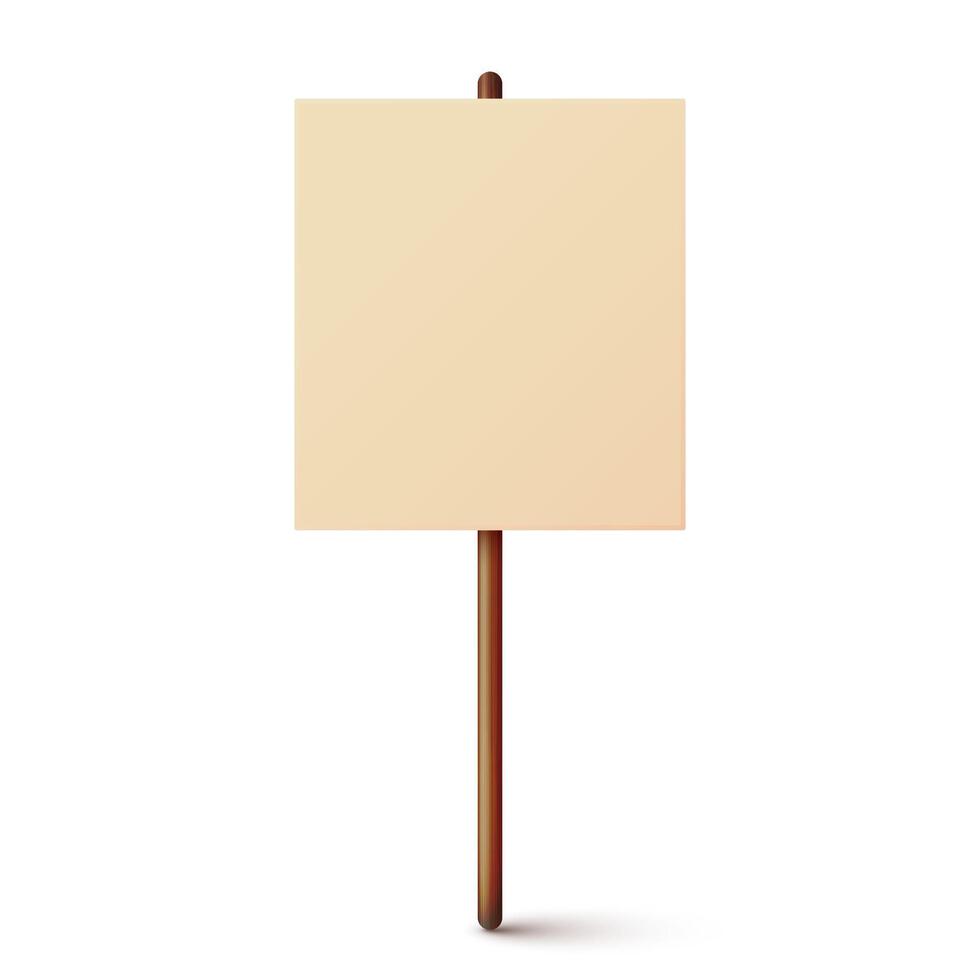 Blank colorful protest sign with wooden holder. Demonstration banner. Strike action cardboard placard mockup. Social advertisement. illustration vector