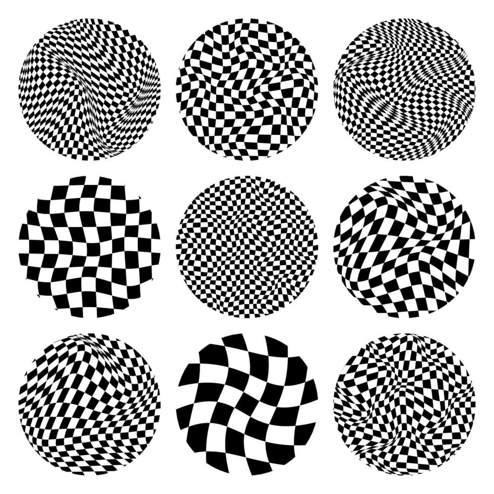 Trendy round checkered pattern, distorted tiled grid. Wavy curved backdrop, distortion effect. Funky geometric chessboard texture, retro background in 90s style, y2k. illustration vector