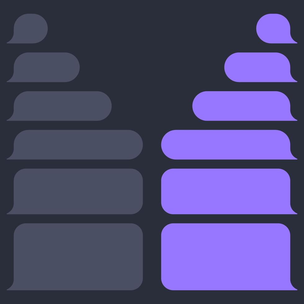 Blank various message bubbles. Chat or messenger speech bubble. SMS text frame. Short message sending. Dark mode. illustration vector