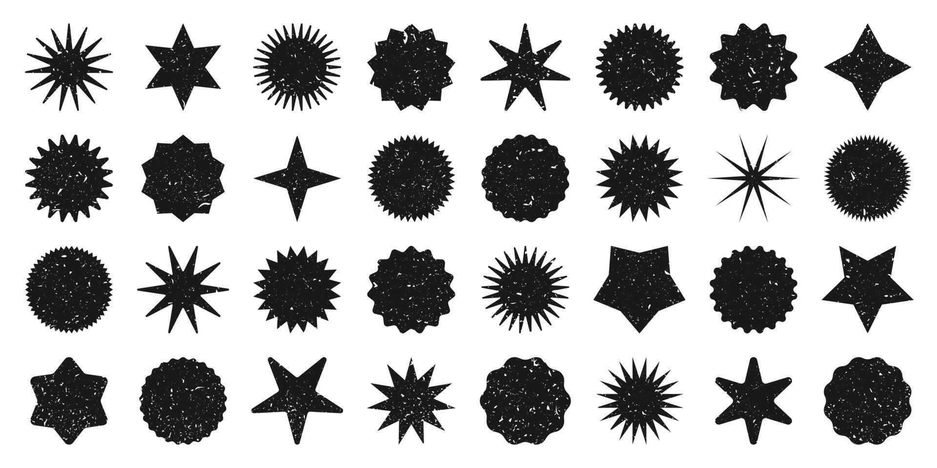 Retro stars, grunge sunburst symbols. Vintage sunbeam icons. Black shopping labels, sale or discount sticker, quality mark. Special offer price tag, promotional badge. illustration. vector