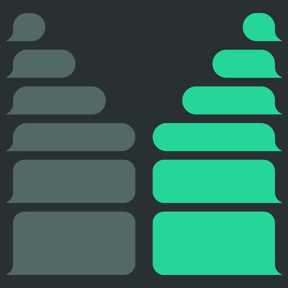 Blank various message bubbles. Green chat or messenger speech bubble. SMS text frame. Short message sending. Dark mode. illustration vector
