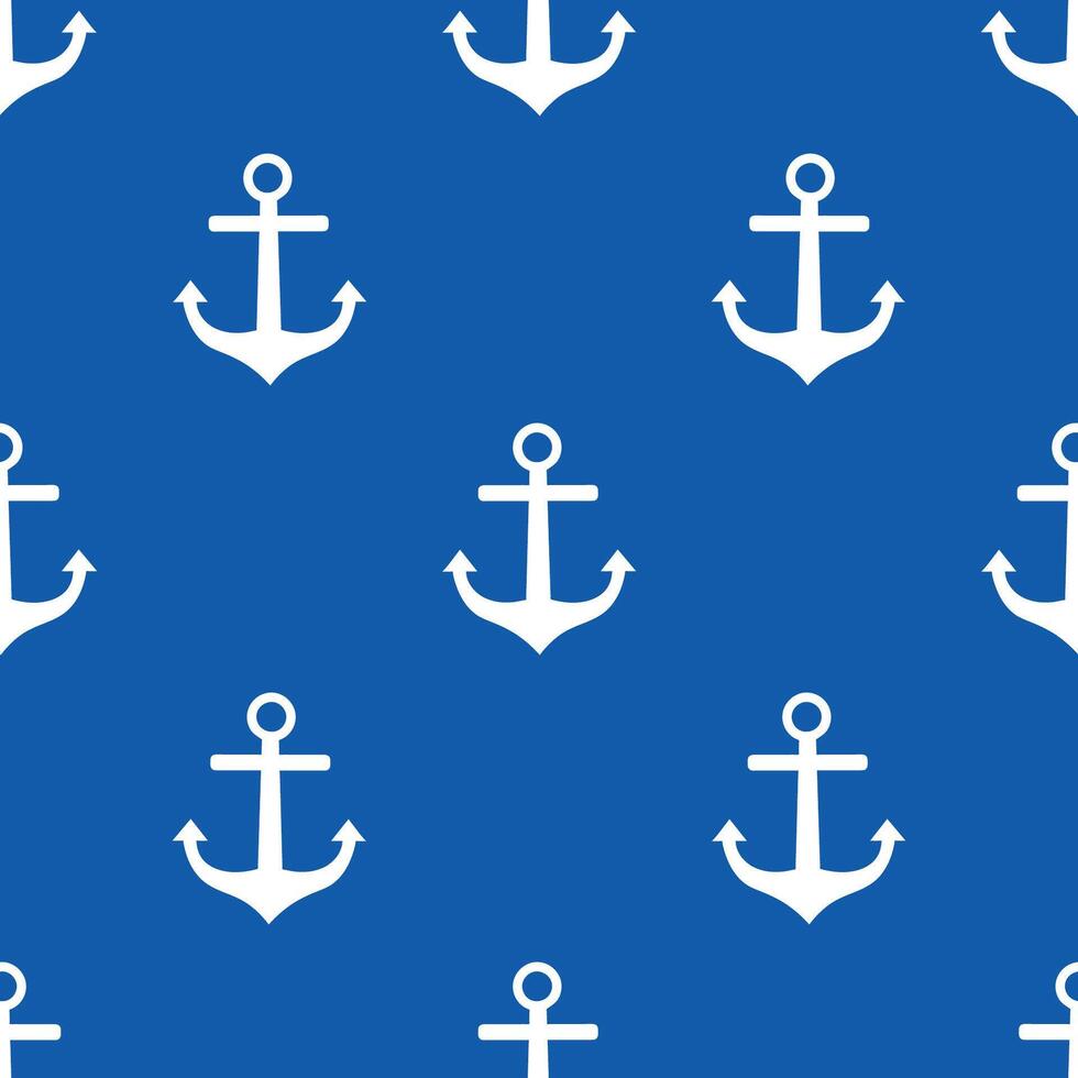 Nautical seamless pattern with white anchor silhouette in polka dot order on navy blue background in cartoon flat style. vector
