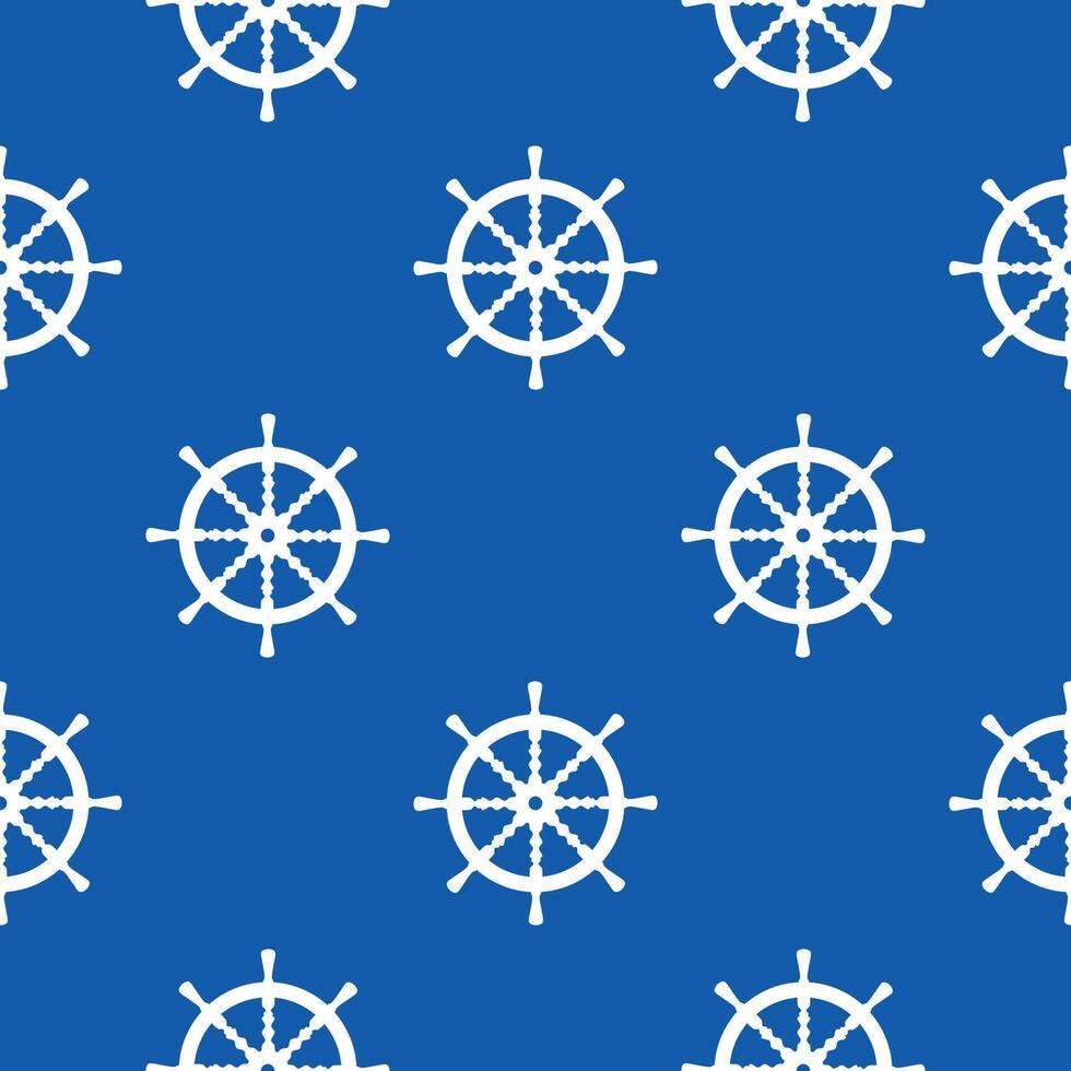 Nautical seamless pattern with white ship wheel silhouette in polka dot order on navy blue background in cartoon flat style. vector