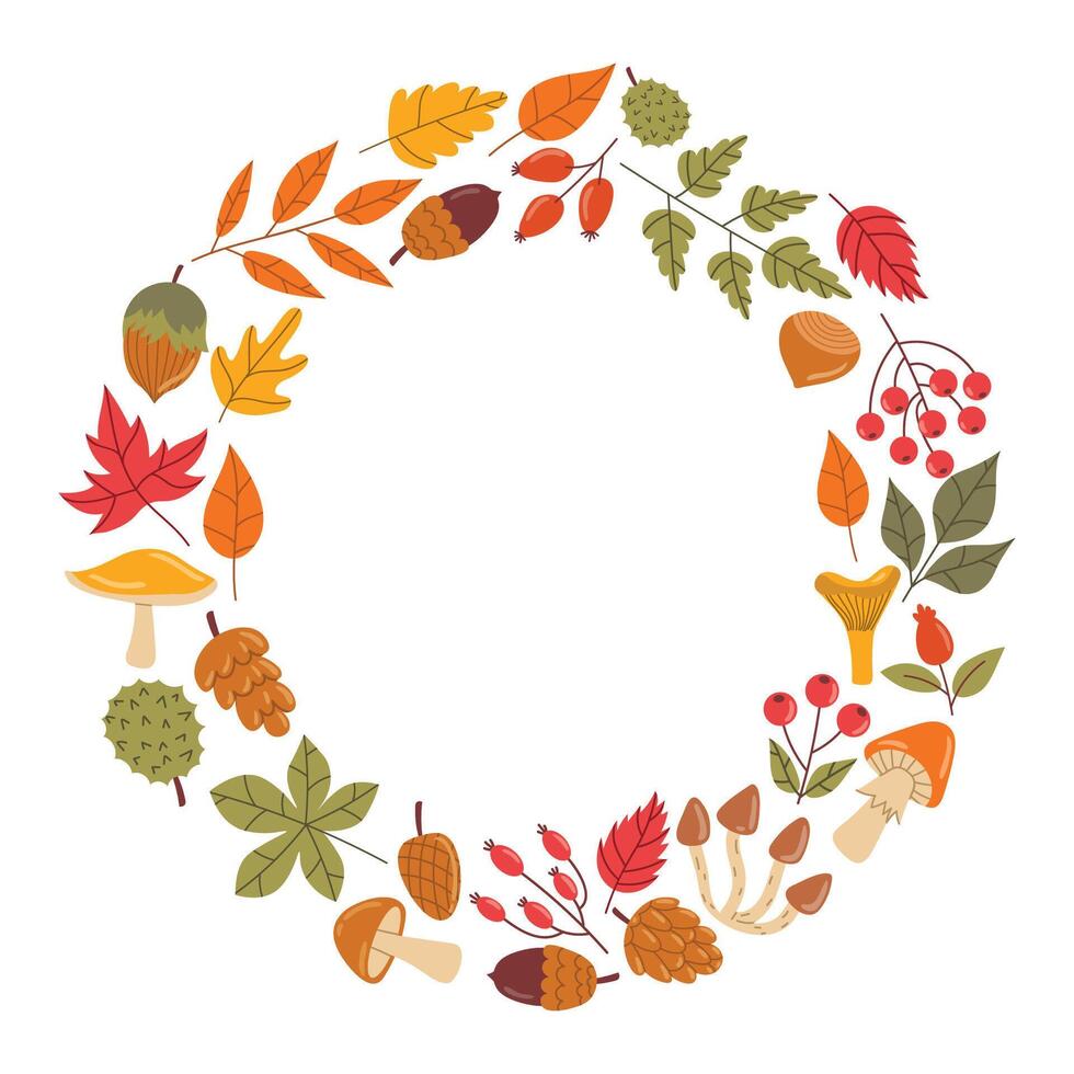 Cute autumn round frame or wreath with leaves, berris, nuts and mushrooms in cartoon flat style. vector