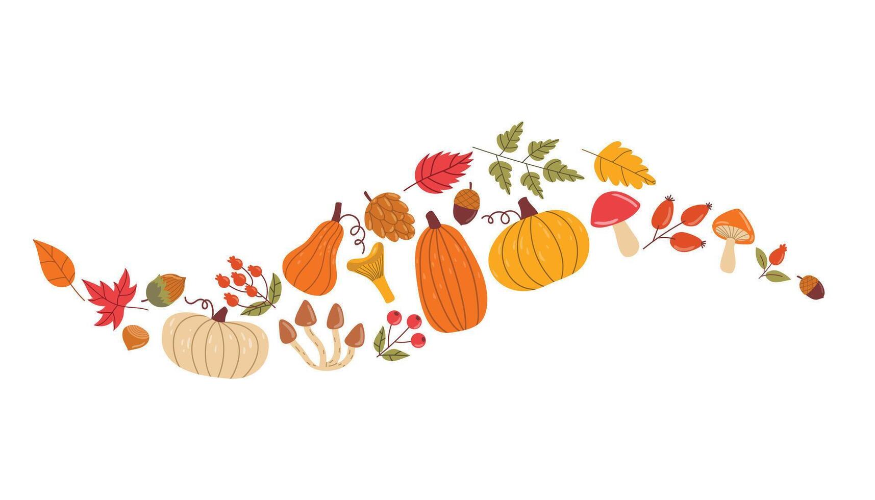 Cute autumn pumpkins, leaves, mushrooms, and berries in wave arrangement in cartoon flat style. vector