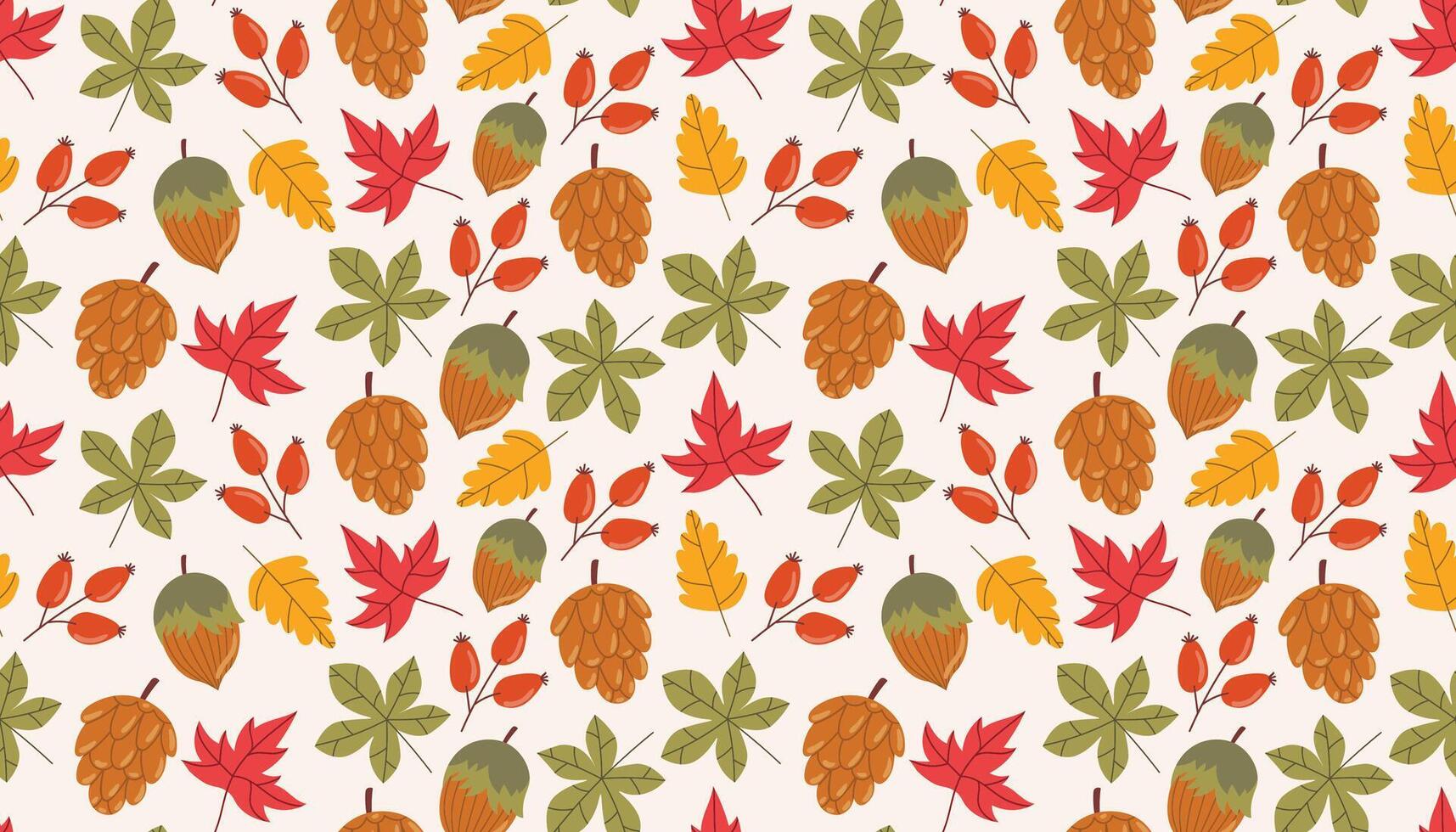 Seamless cartoon flat style pattern with autumn leaf, rosehip, cone, and acorn. vector