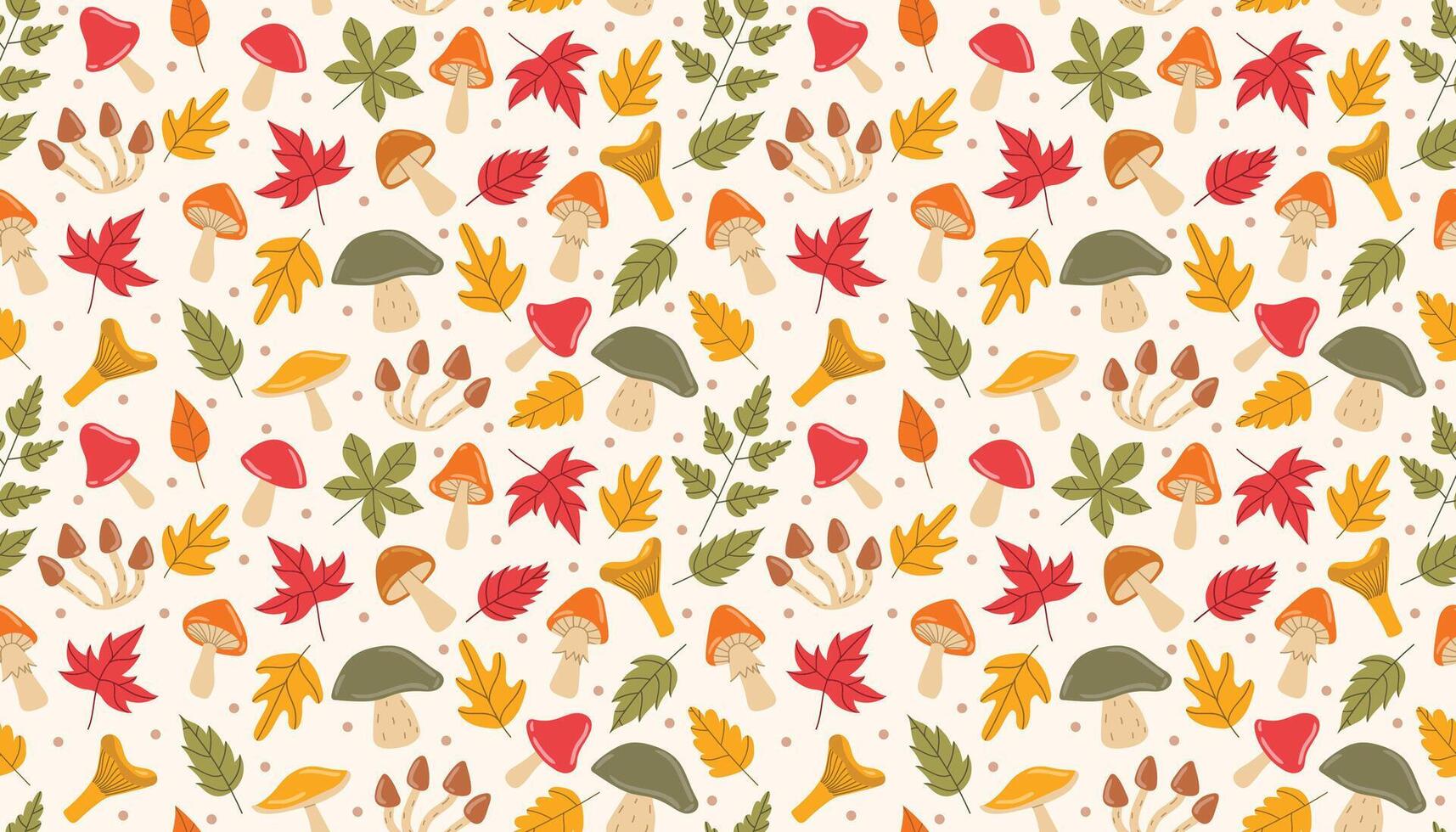 Seamless cartoon flat style pattern with autumn leaf, mushroom, and small dot scattered in playful messy layout. I vector