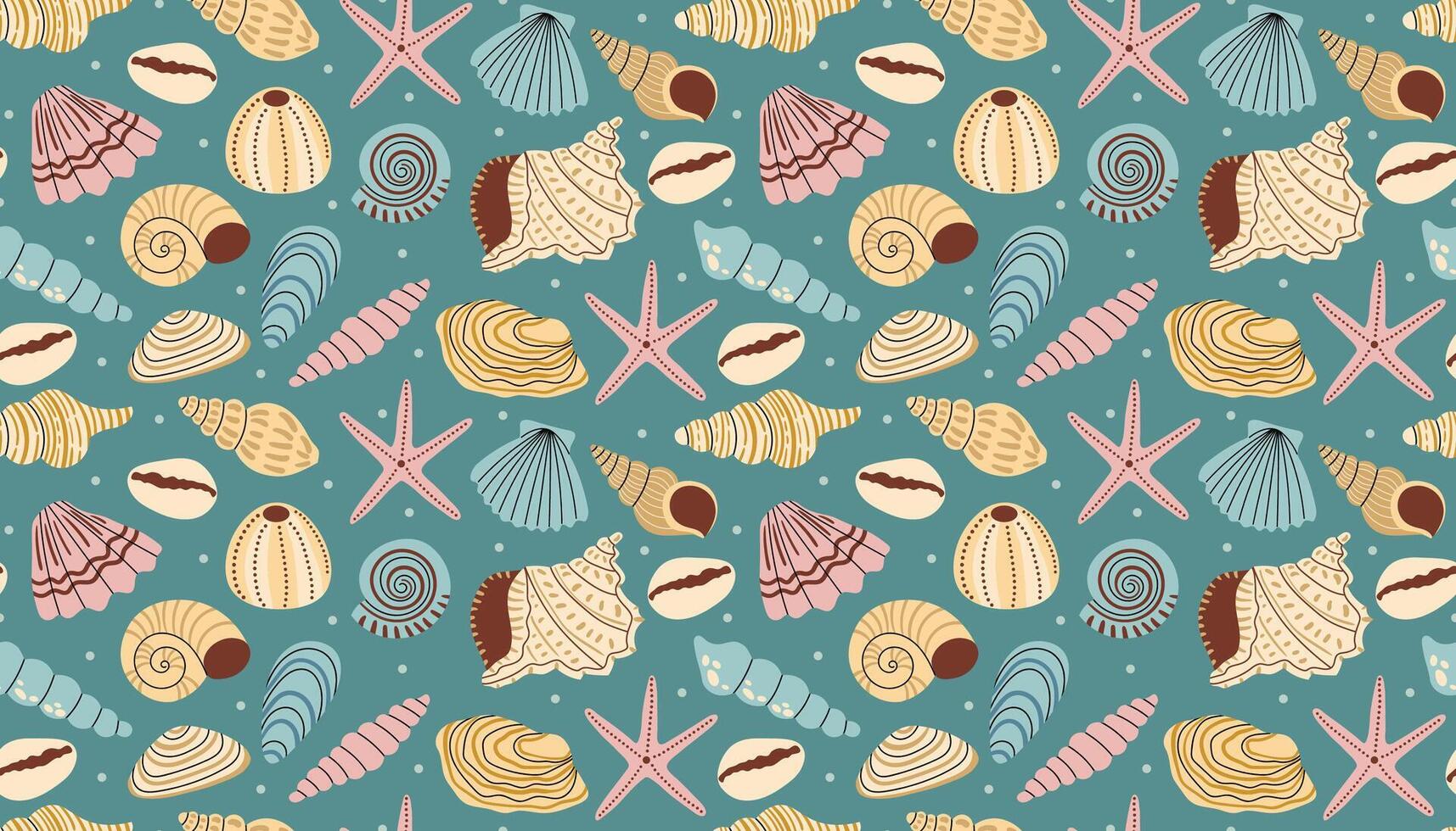 Cartoon flat style seamless pattern with starfish, seashell and small dot scattered in playful layout on dark green background. vector