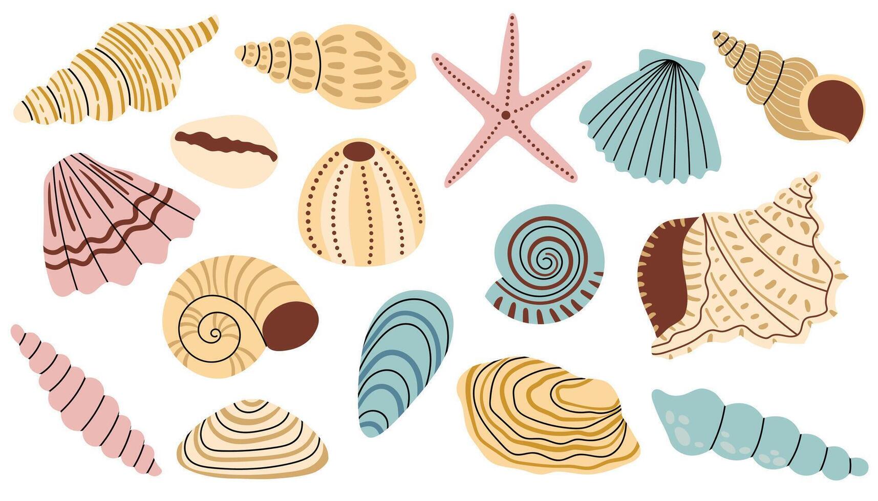 Collection of seashell and starfish in pastel color palette, cartoon flat style. vector
