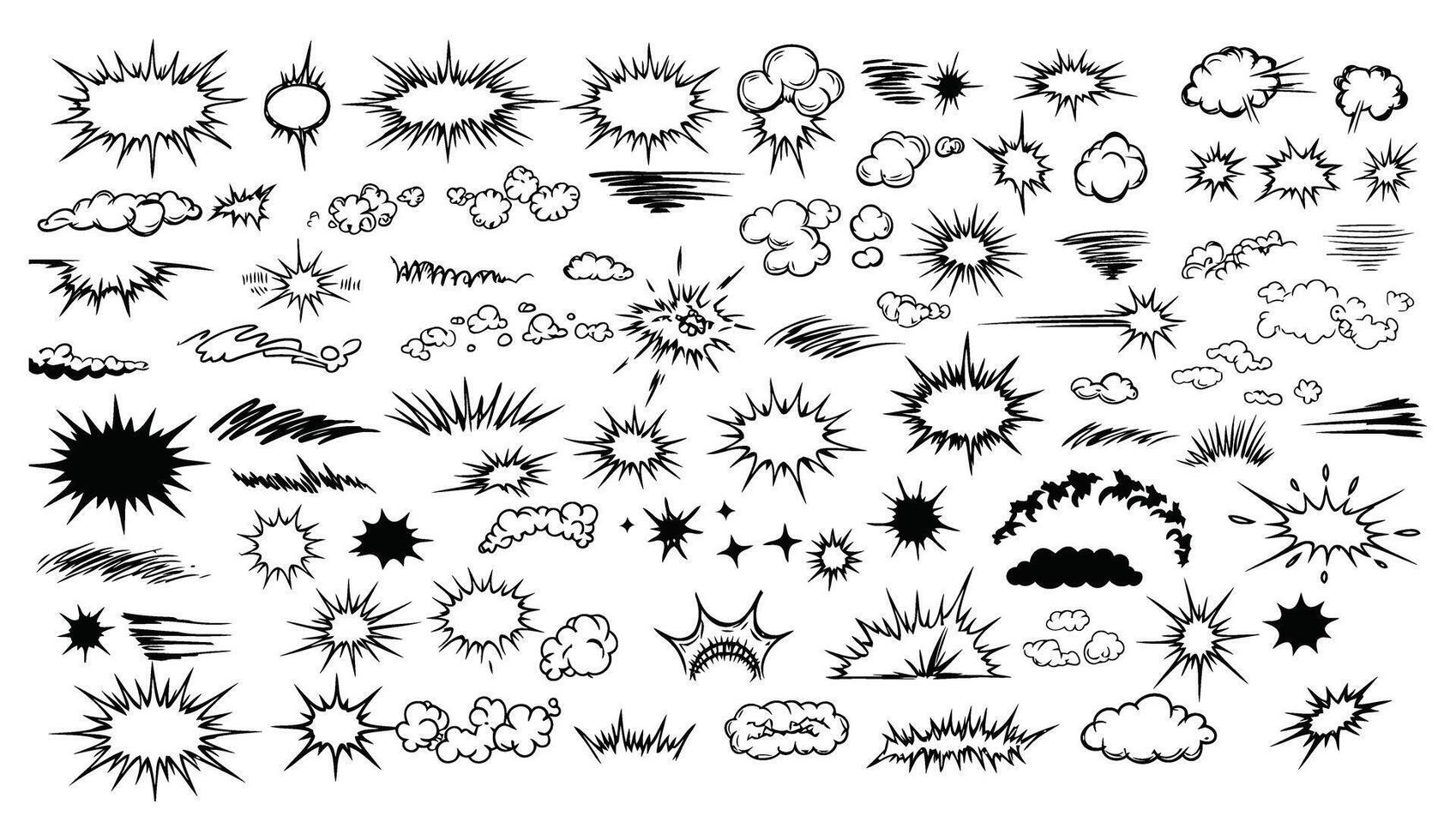 Collection of comic book elements featuring various burst and cloud effects in black and white with comic style vector