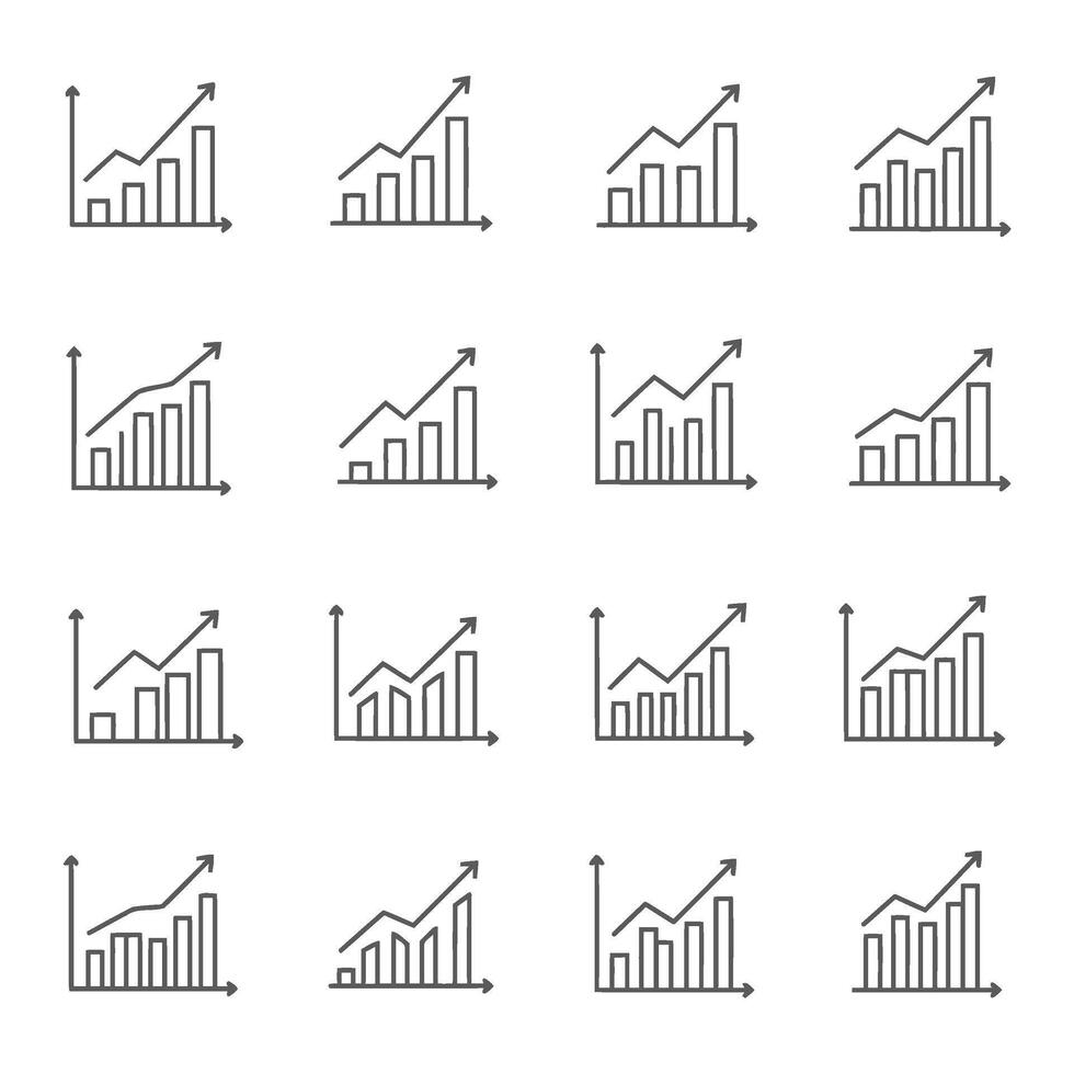 Collection of financial growth charts and business data icon elements illustrating upward trends and positive progress vector