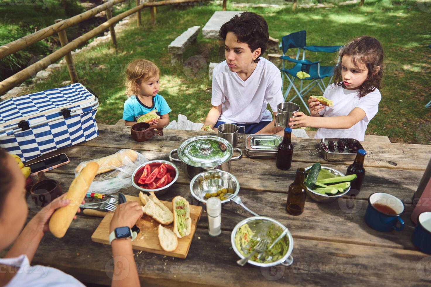 Family Enjoying a Picnic Outdoors with Fresh and Colorful Food in a Scenic Park photo