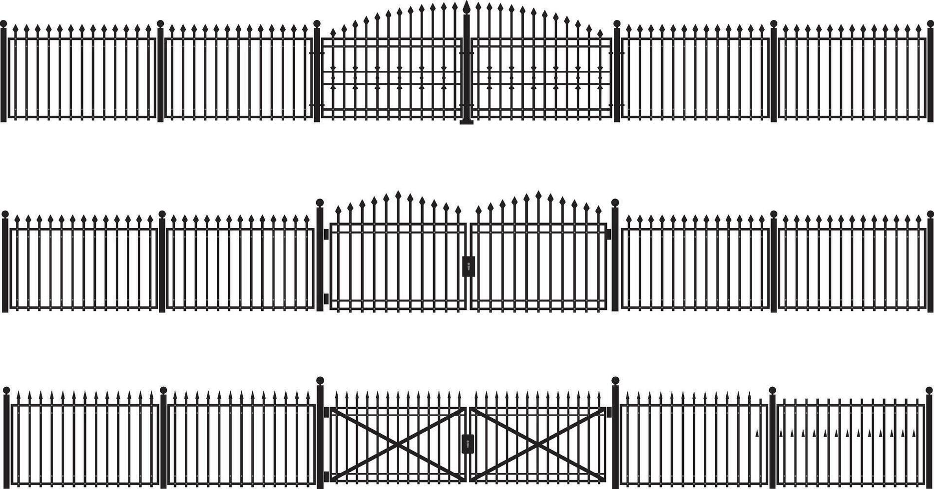 Wrought iron gate illustrations. Black metal fence entrance in different styles. Silhouette of a Victorian steel fence. vector