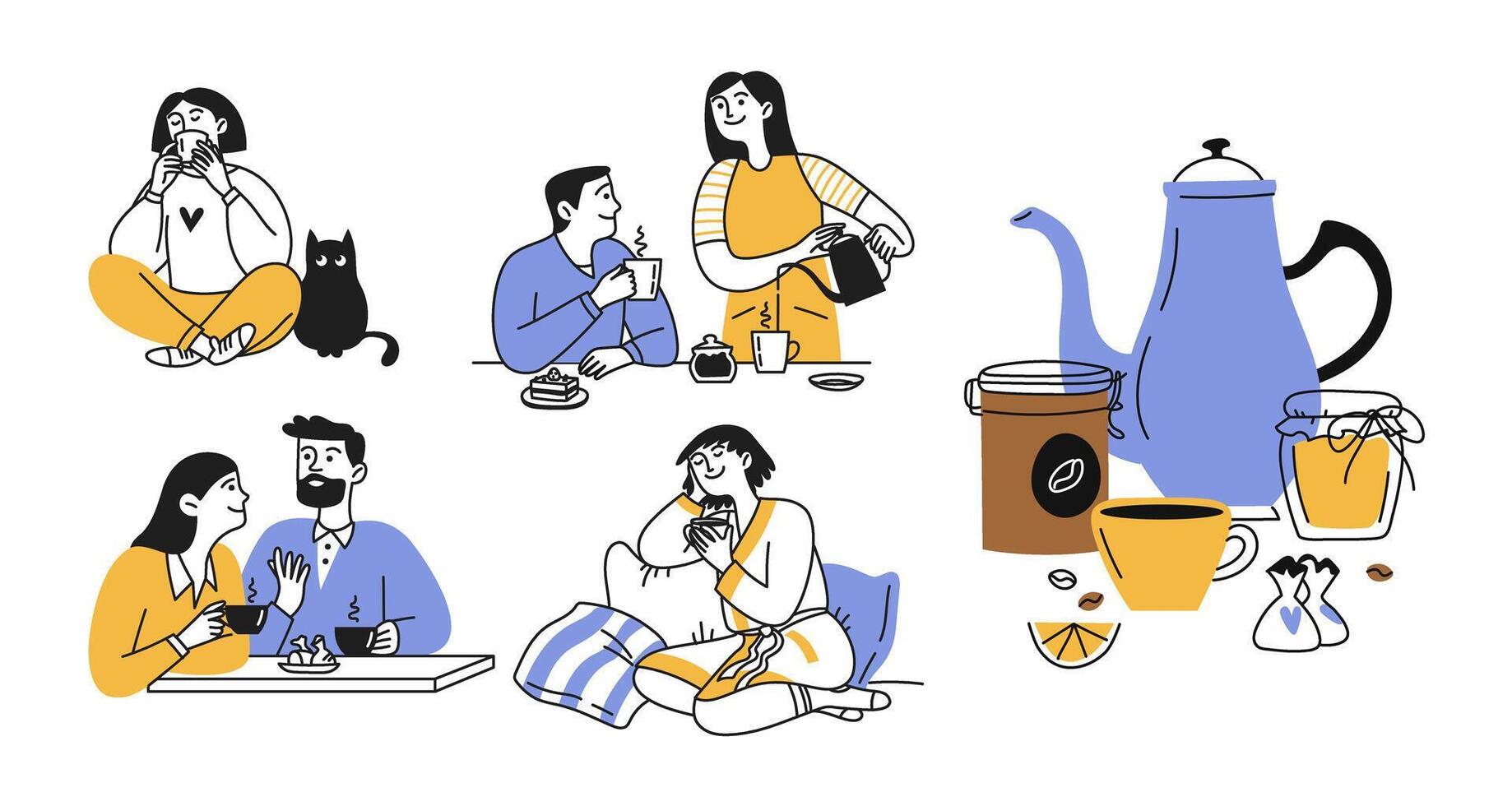 Set of doodles of men and women. People communicating over a cup of hot coffee. Coffee mug at home or in a cafe, restaurant vector