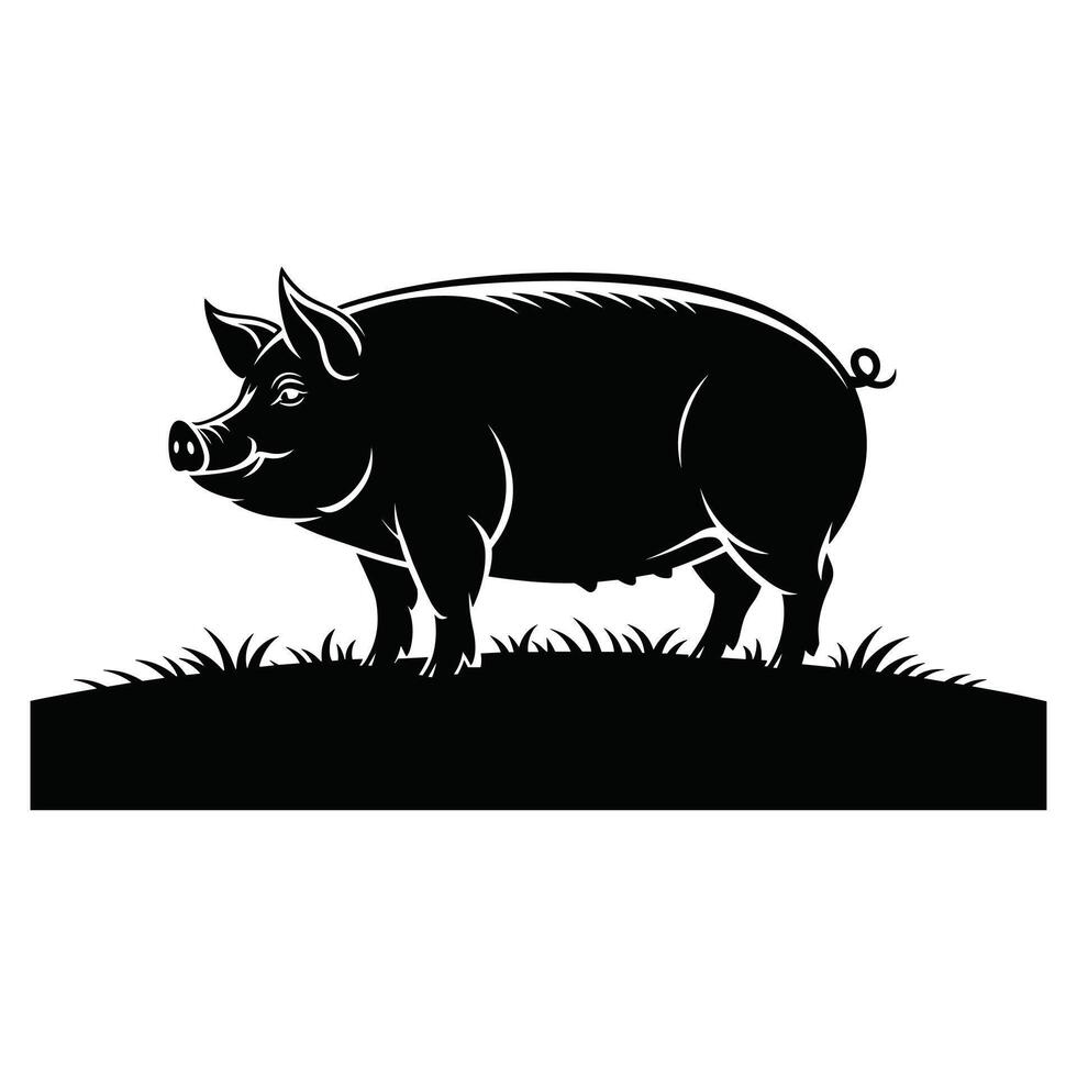 Black silhouette of a pig standing in grass on a white background vector