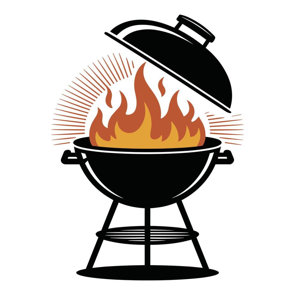 Open grill with flames and sunburst silhouette vector