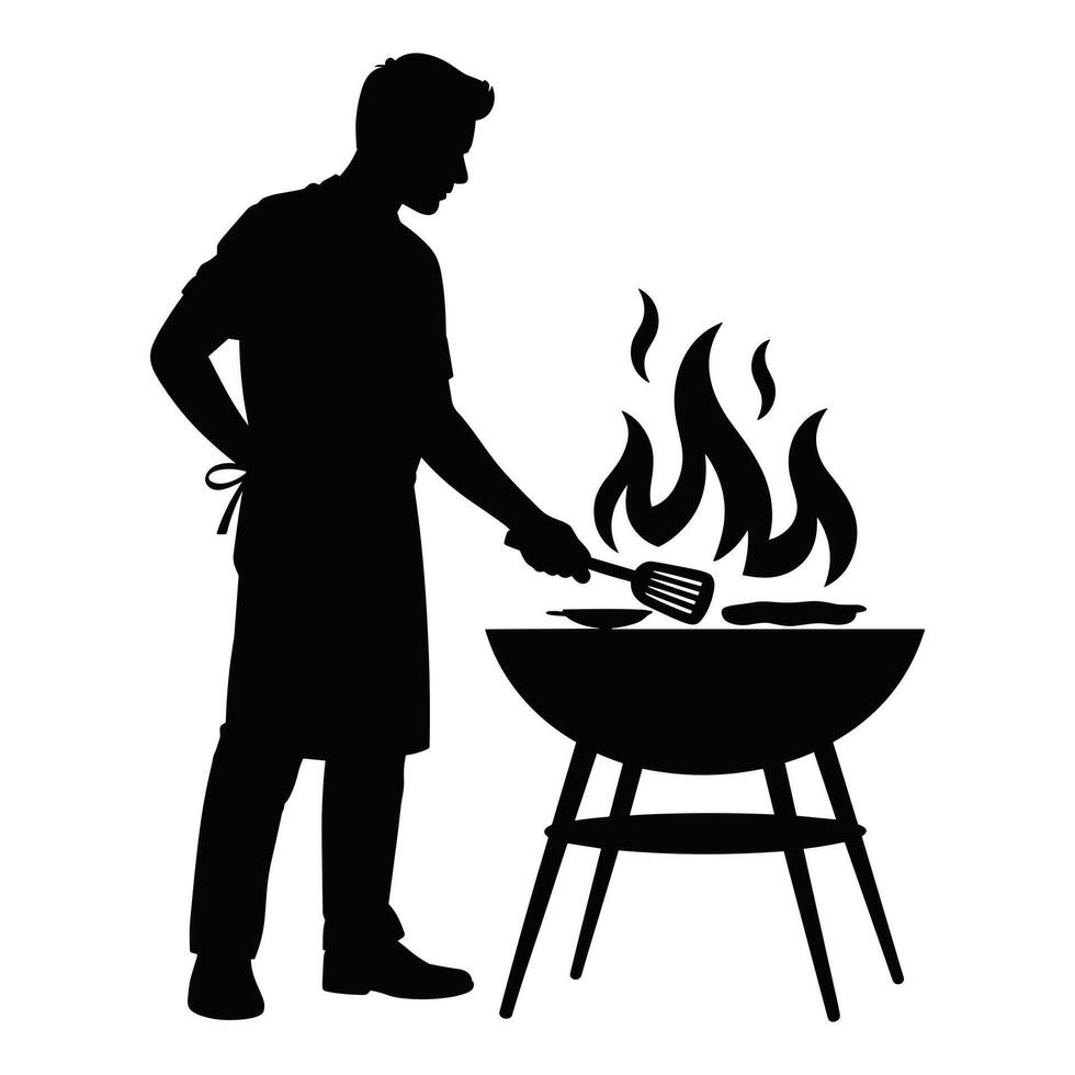 Man grilling food on a barbecue grill with flames silhouette vector