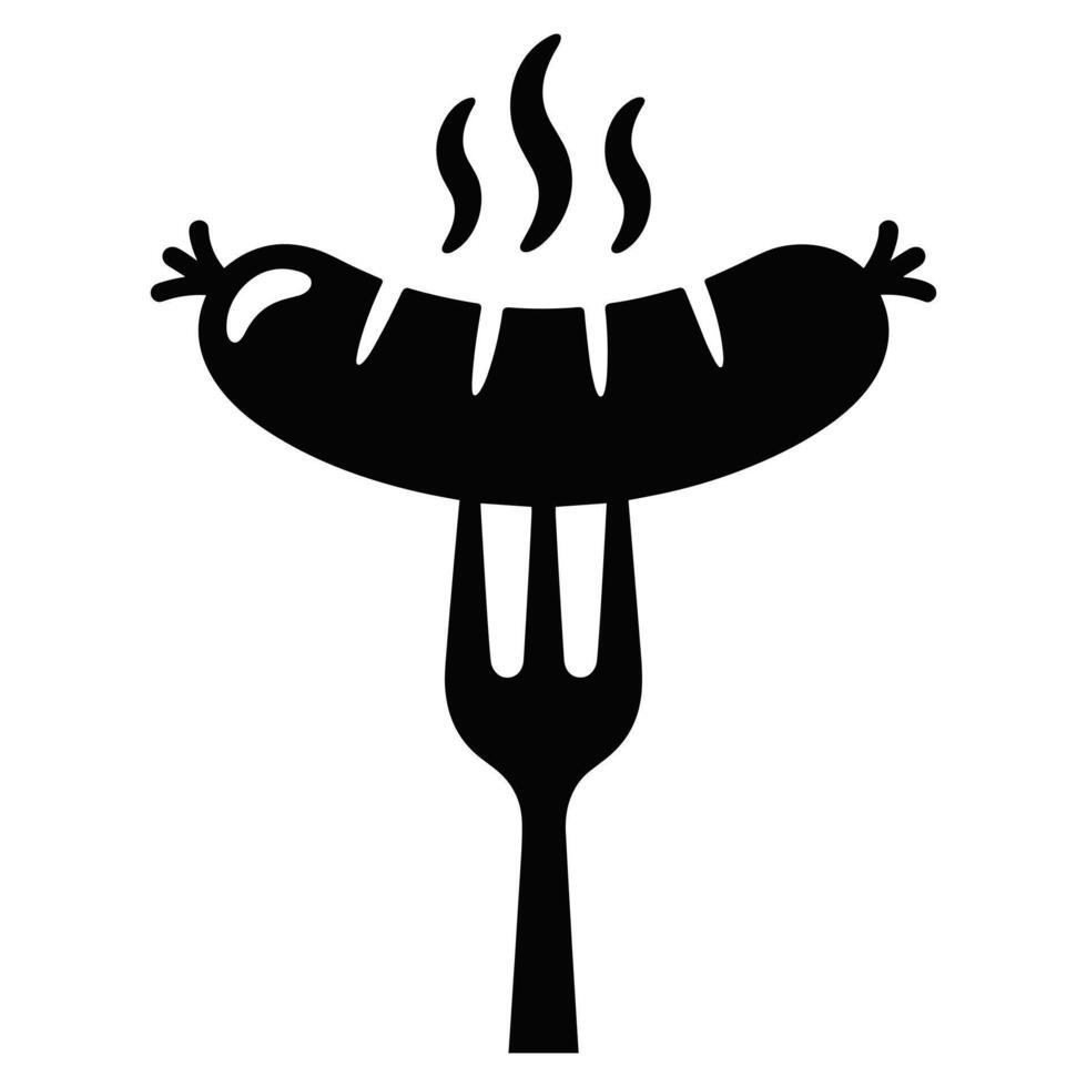 Hot steaming sausage on a fork silhouette icon for food and dining vector