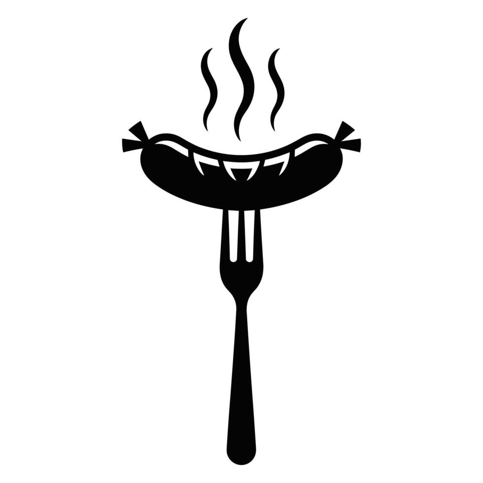 Hot steaming sausage on a fork silhouette with steam wisps vector