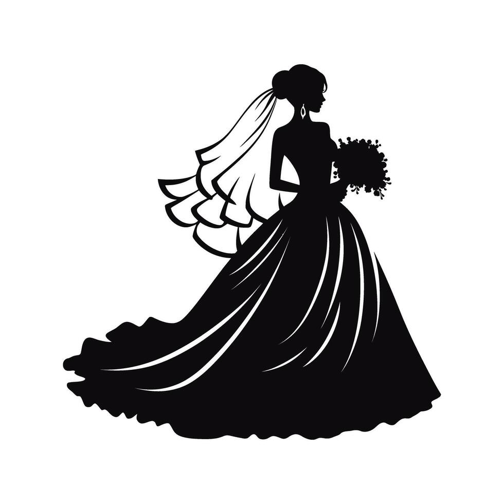 Elegant Bride Silhouette Black and White Wedding Dress Veil Bouquet Illustration vector