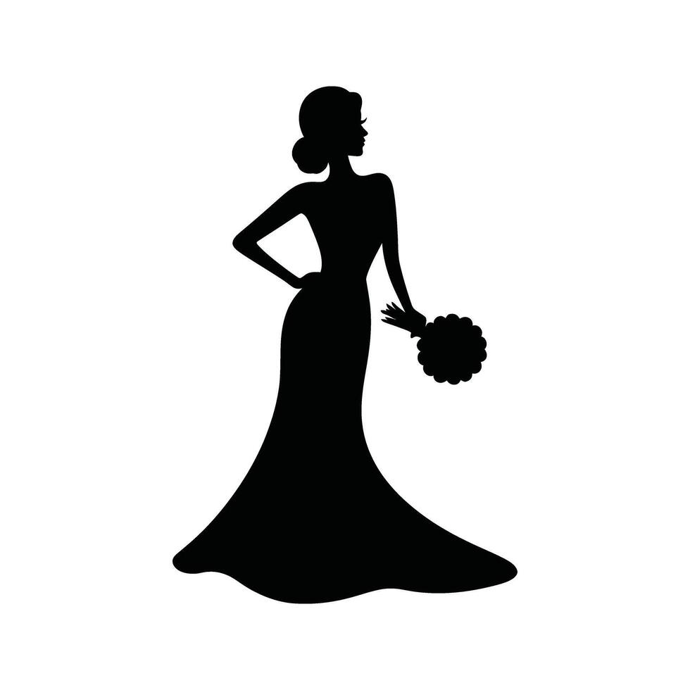 Elegant Bride Silhouette with Bouquet Wedding Bridal Illustration vector