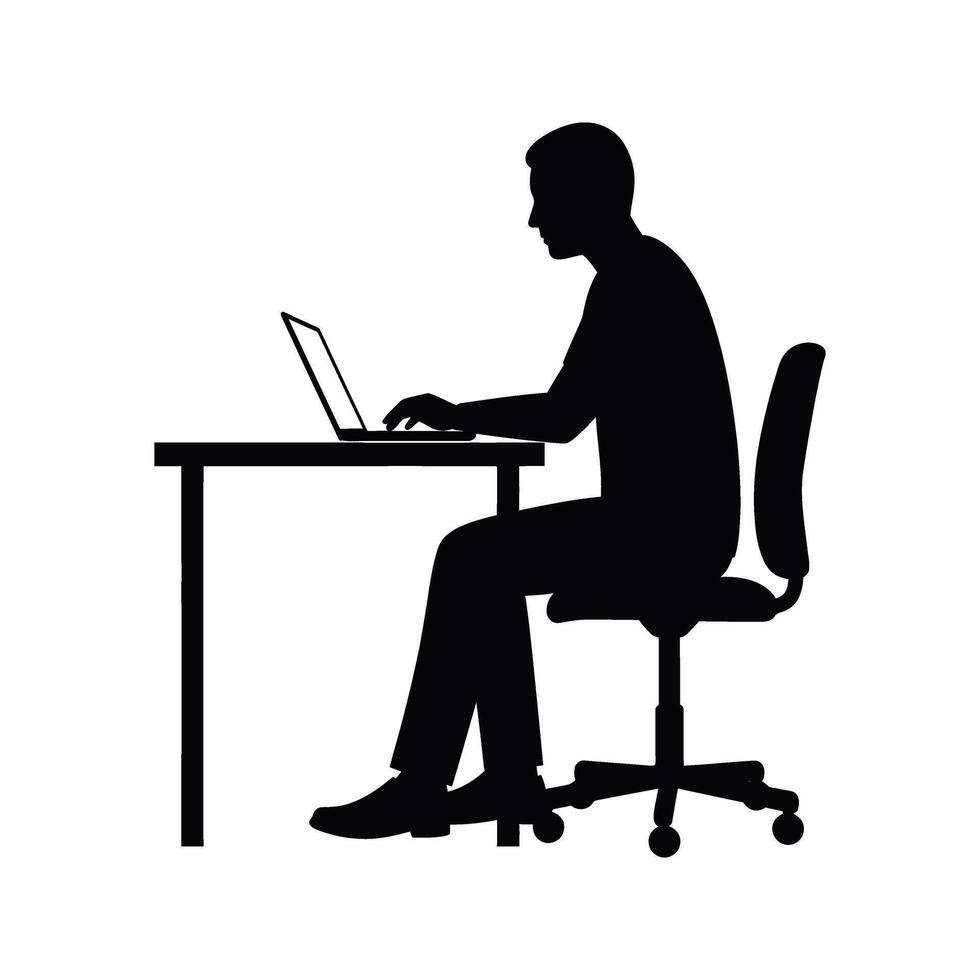 Silhouette of a person working on a laptop at a desk office worker business person remote work freelance vector