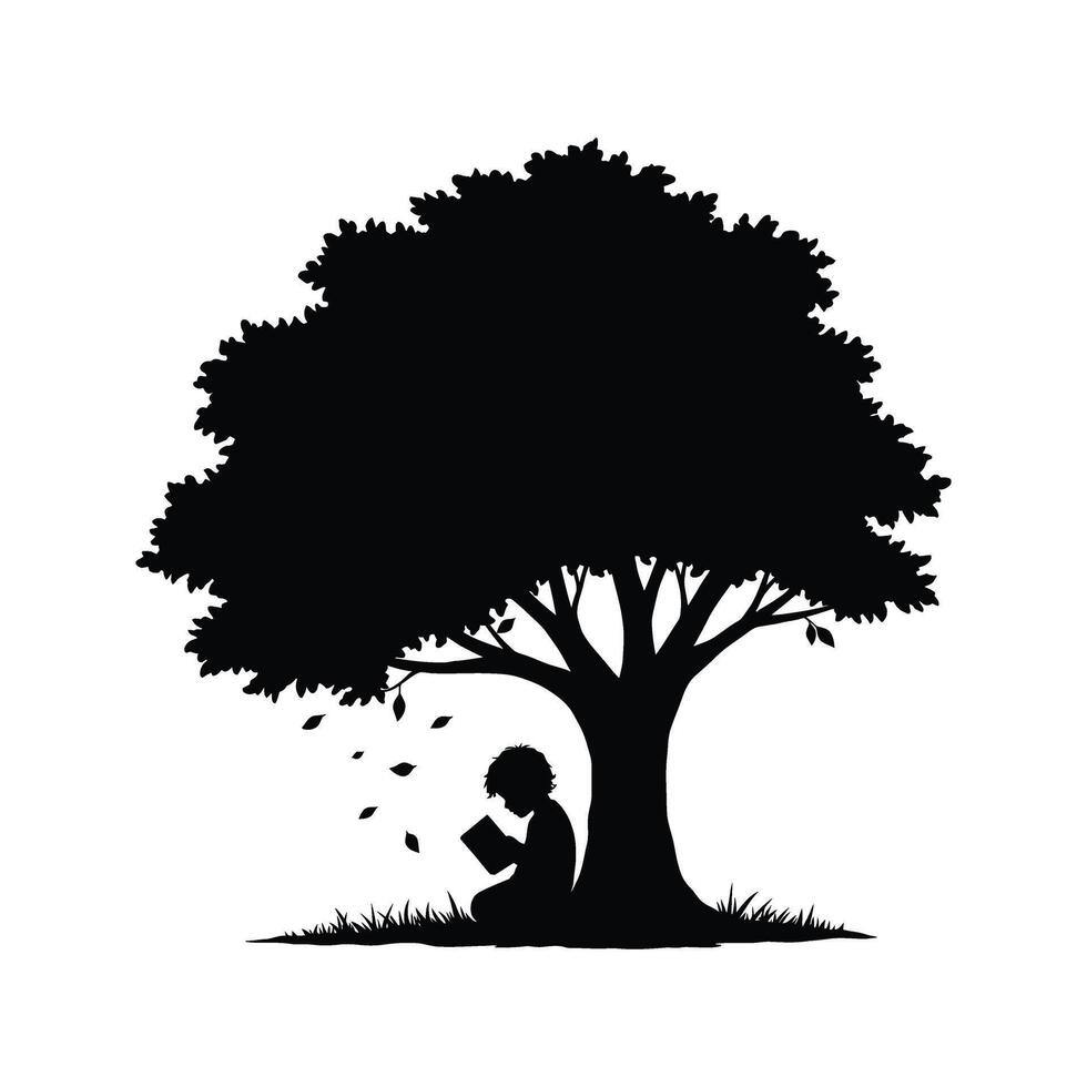 Silhouette of Child Reading Book Underneath a Large Tree Autumn Leaves Falling vector