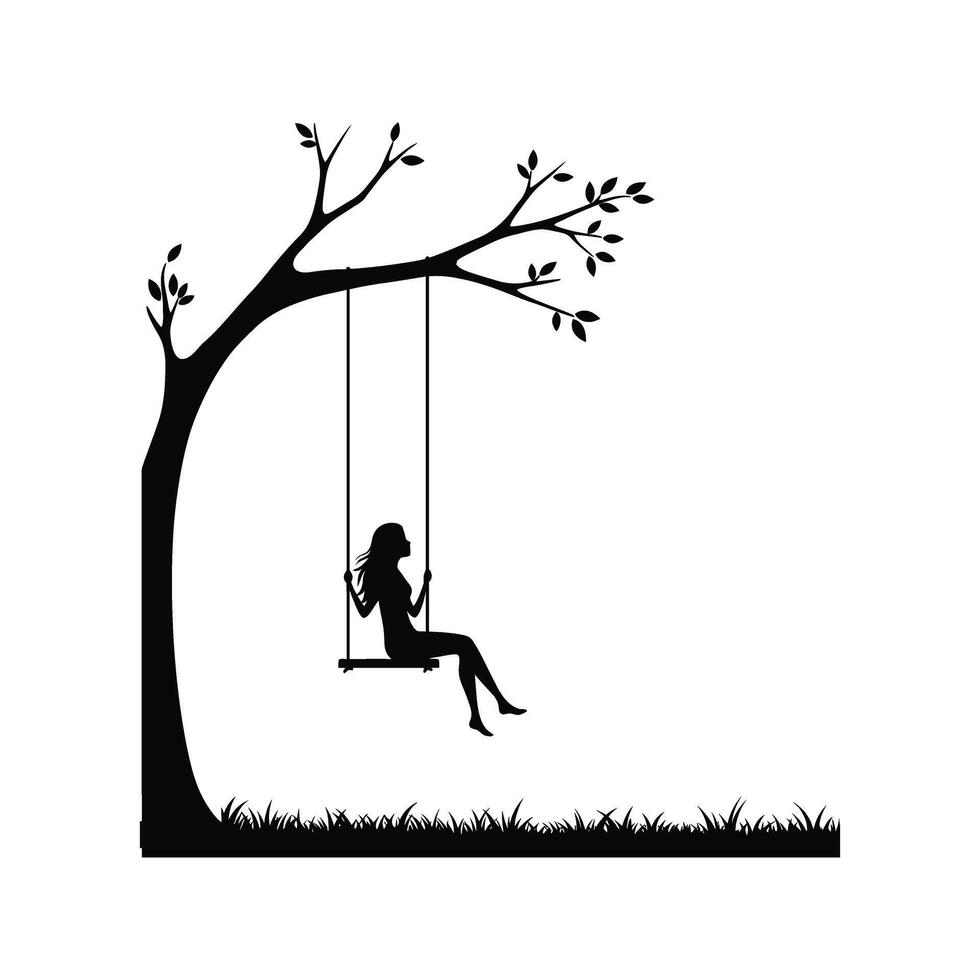 Silhouette of a girl on a swing hanging from a tree branch black and white illustration vector