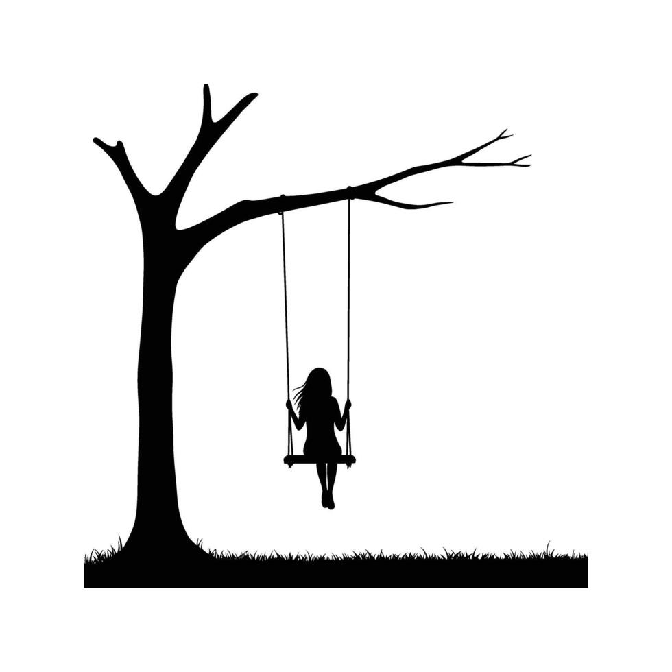 Silhouette of girl on swing hanging from bare tree branch black and white illustration vector
