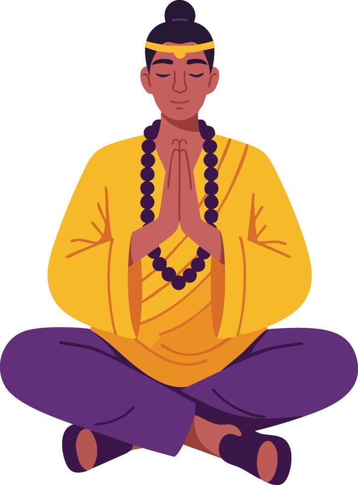 Meditating person in yellow robe and purple pants practicing mindfulness and spiritual calmness in lotus position illustration vector