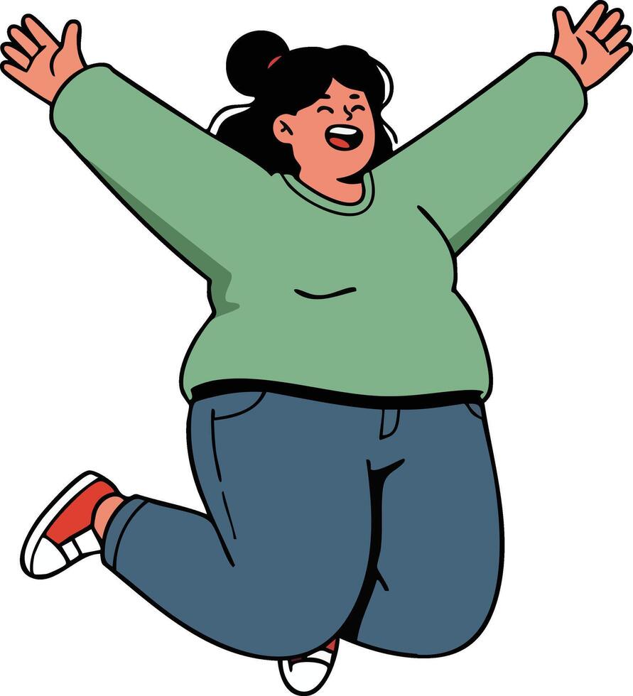 Happy plus size woman jumping with raised arms wearing green sweater and red sneakers cheerful illustration vector
