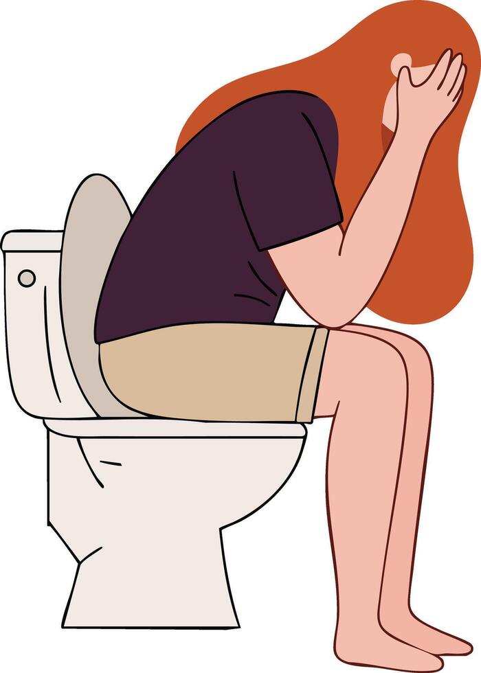 Woman sitting on toilet with hands on face feeling stressed or unwell illustration vector