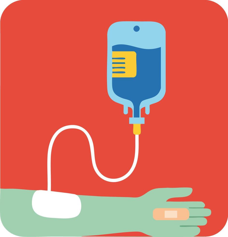Blood transfusion illustration with arm needle and intravenous drip medical treatment concept vector