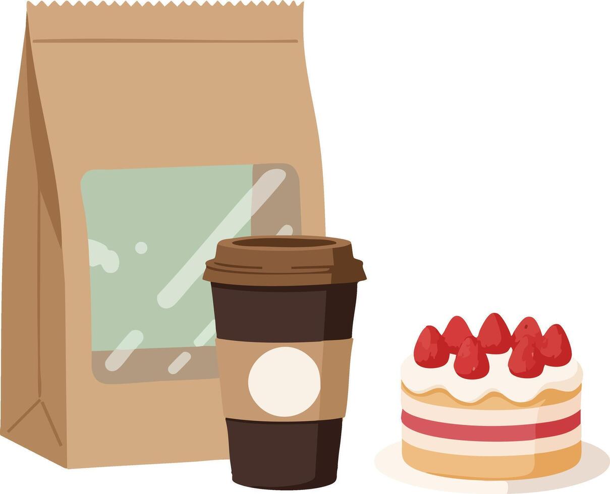 Coffee cup with cake and brown paper bag for takeaway dessert and drink illustration vector