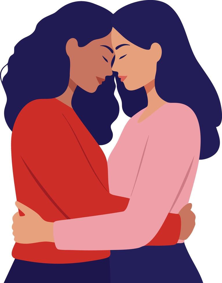 Two women embracing gently with closed eyes showing affection and comfort in a loving moment vector