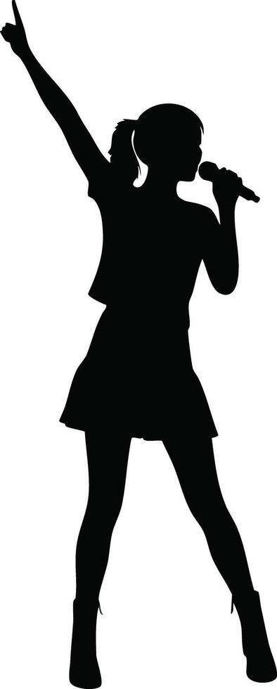 Female singer silhouette performing with microphone and raised arm in confident pose illustration vector