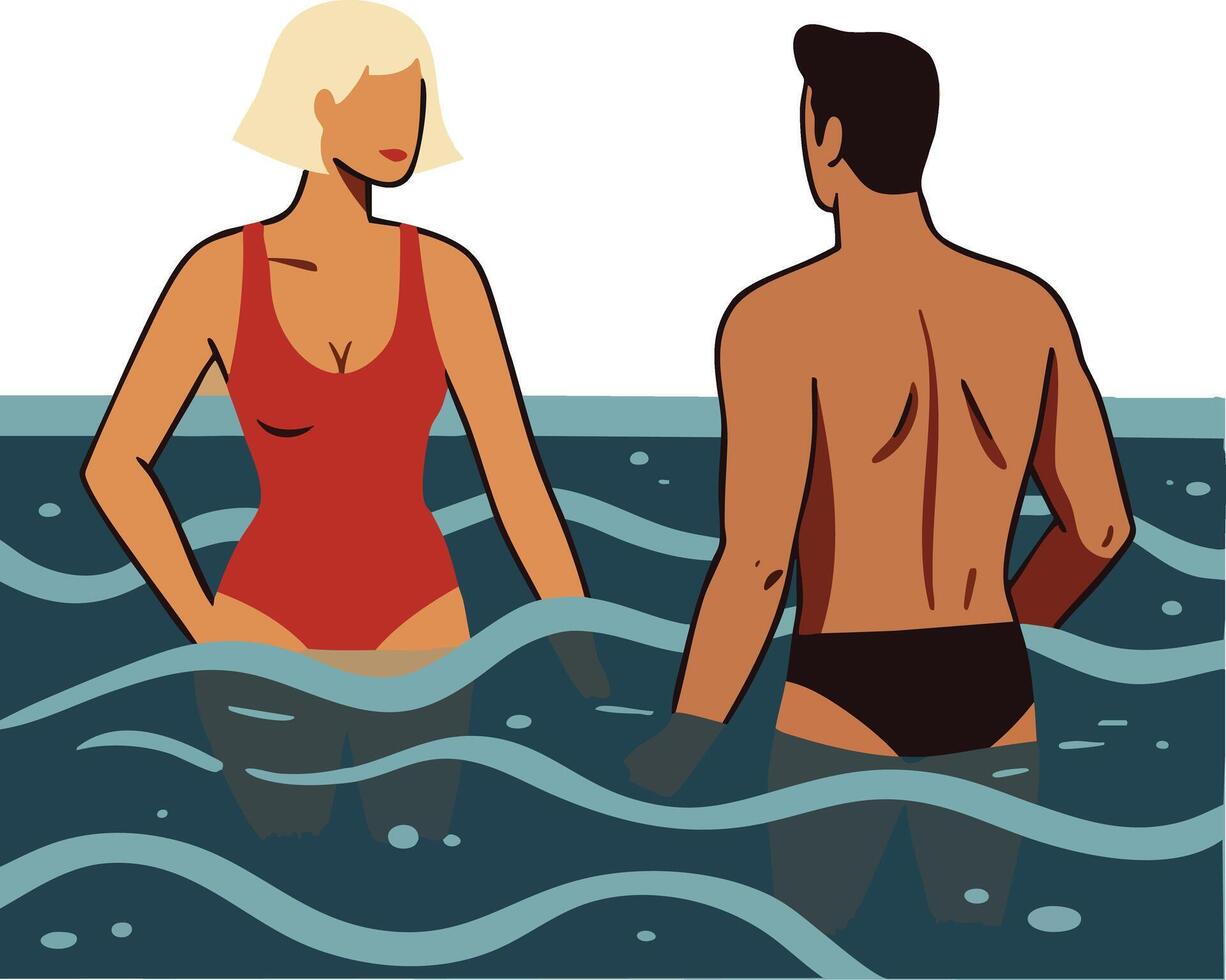 Man and woman swimming in water with waves and summer swimwear illustration vector