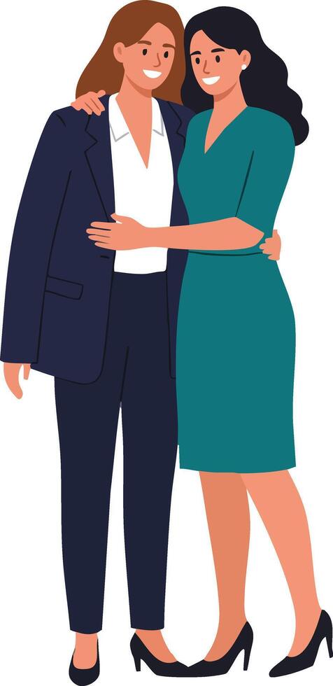 Two professional women embracing in business attire happy and confident office colleagues friendship illustration vector