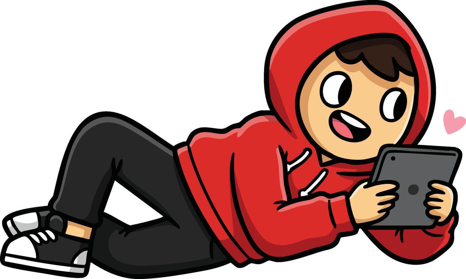 Boy lying down playing handheld game wearing red hoodie and black pants casual clothing illustration vector