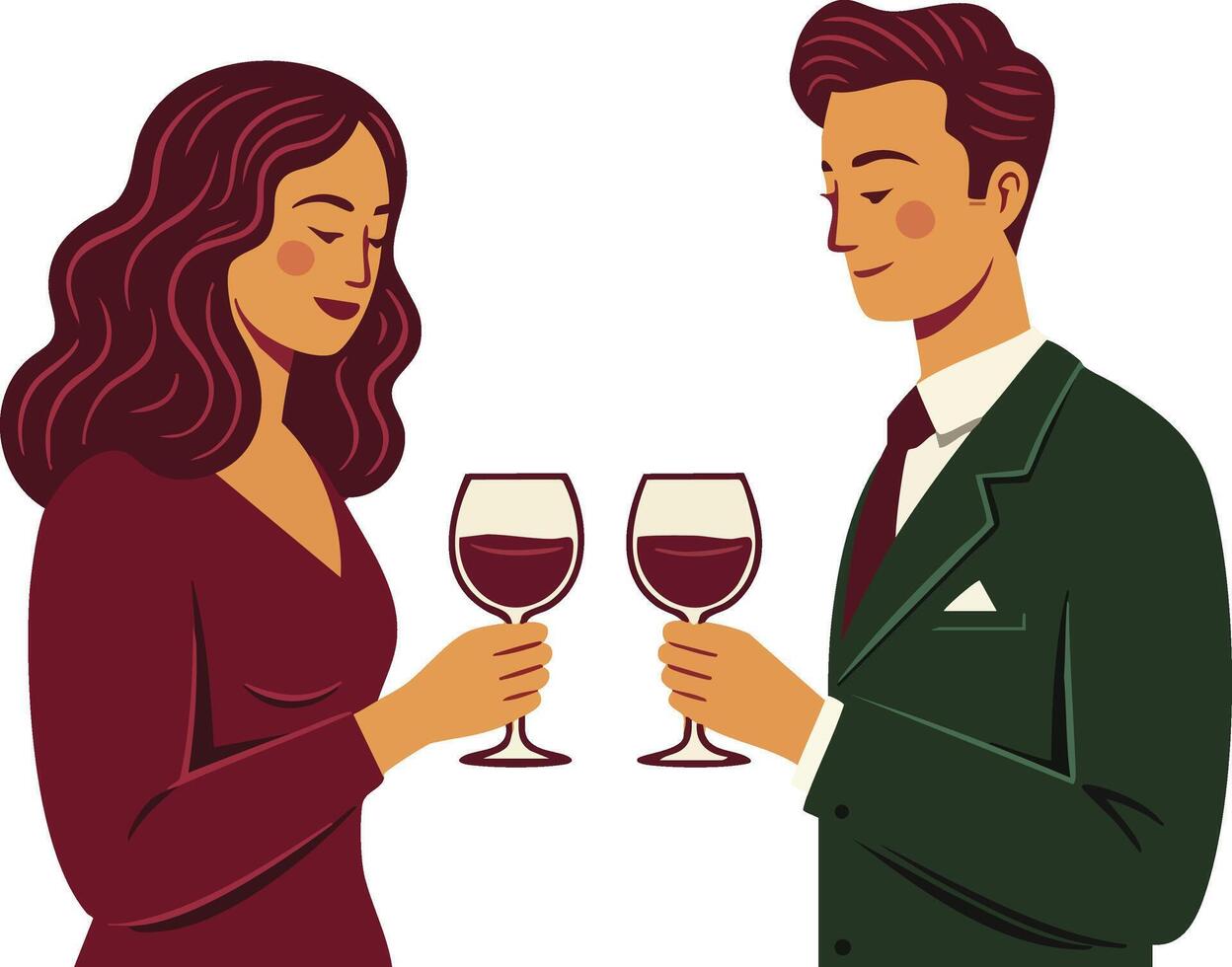 Couple celebrating with red wine glasses in elegant attire enjoying romantic moment illustration vector