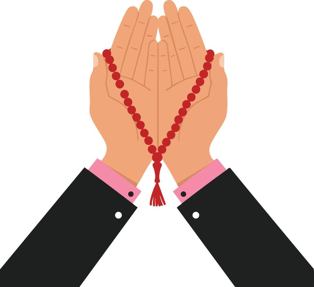 Hands holding red prayer beads in open gesture with black suit and pink cuffs illustration vector